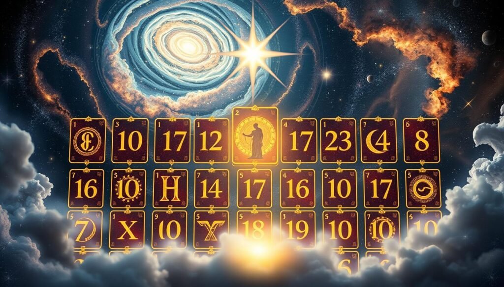 A visually captivating illustration of the 22 Major Arcana as a numerological system. In the foreground, a mystical arrangement of the 22 iconic Tarot card symbols, each glowing with a distinct numerical essence. The middle ground features a cosmic backdrop of swirling galaxies, nebulae, and celestial bodies, creating a sense of the interconnectedness of the arcane and the universal. In the background, a shimmering veil of light and energy, hinting at the unseen forces that govern the archetypes. The lighting is soft and diffused, casting a tranquil, contemplative mood. The overall composition suggests a harmonious synthesis of the spiritual and the numerical, inviting the viewer to explore the deeper meanings underlying the Major Arcana.