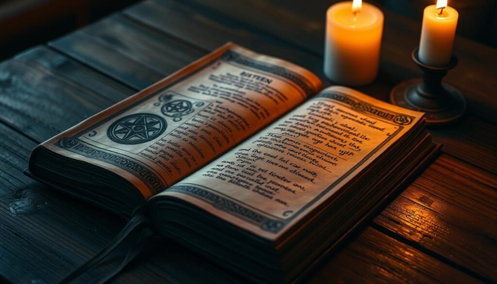 A weathered, leather-bound book rests on a wooden table, its worn cover embossed with arcane symbols and intricate patterns. The pages within are filled with hand-written spells, sigils, and notes, reflecting the history and wisdom of a solitary practitioner. Dim candlelight casts a warm, flickering glow, casting long shadows and imbuing the scene with a sense of mystery and occult knowledge. The book's presence evokes a feeling of reverence and the power of personal magical expression, capturing the essence of a practitioner's journey into the realm of the occult.