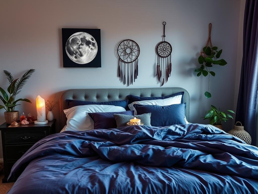 A witchy bedroom with moon phase wall art, crystal display, and dream-enhancing elements