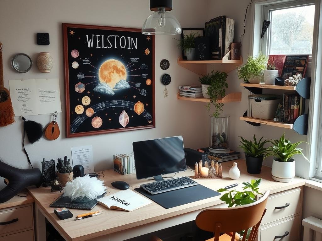 A witchy home office with a vision board, protective crystals for electronics, and organized magical tools