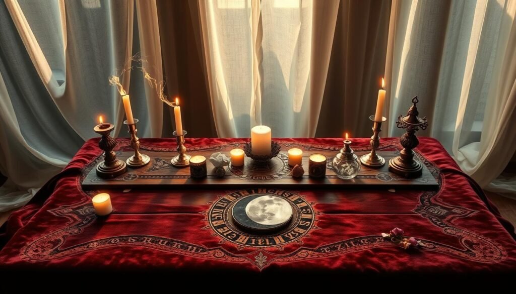 An ornate altar set upon a richly textured, velvet-draped table, adorned with flickering candles, crystals, and a waxing moon phase charm. Intricate patterns of runes and sigils are etched into the wooden surface, casting a mystical, otherworldly glow. Wispy tendrils of incense smoke drift through shafts of soft, warm lighting, creating an atmosphere of reverence and focus. In the background, a veil of sheer, billowing fabric evokes a sense of the liminal, while delicate flower petals are scattered across the scene, symbolizing the beauty and growth of the waxing lunar cycle.