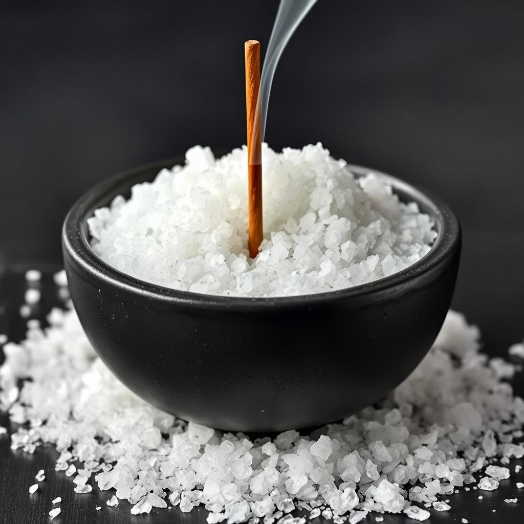 Black ceramic bowl filled with sea salt and an incense stick placed vertically in the center Black ceramic bowl filled with sea salt and an incense stick placed vertically in the center