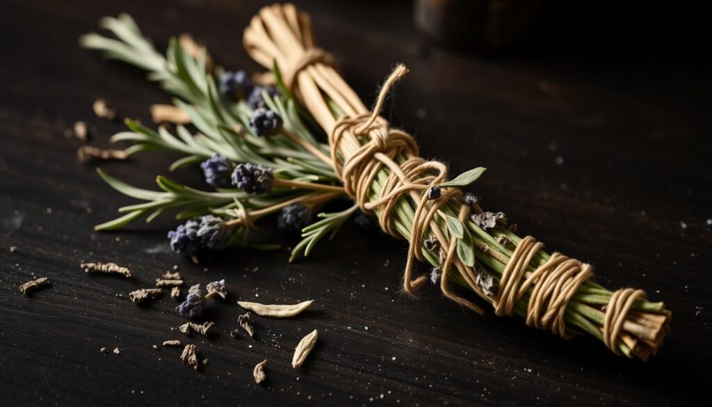 Bundled herb smoke wand with rosemary, lavender, and bay leaves tied with natural twine Bundled herb smoke wand with rosemary, lavender, and bay leaves tied with natural twine