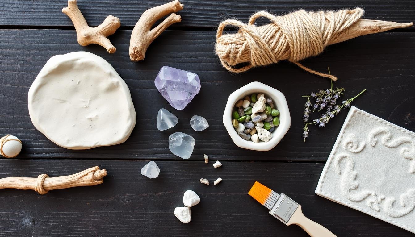 Collection of natural materials for DIY incense holders and smoke wands including clay, driftwood, crystals, and dried herbs
