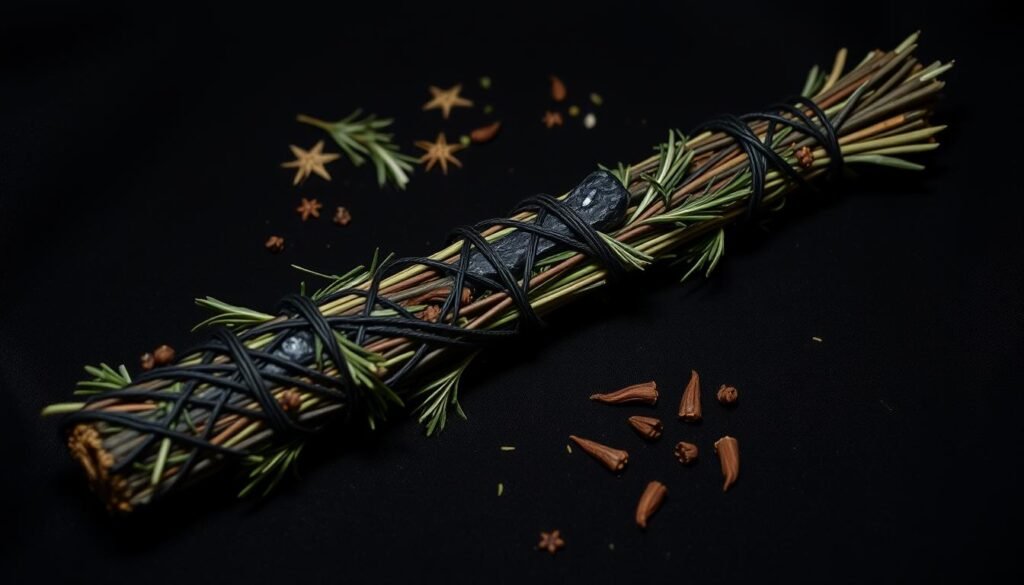 Dark smoke wand made with rosemary, pine, and cloves bound with black thread and containing a small obsidian stone Dark smoke wand made with rosemary, pine, and cloves bound with black thread and containing a small obsidian stone