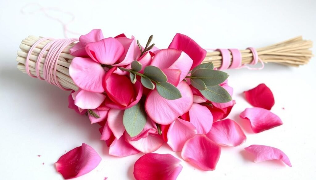 Delicate smoke wand made with white sage wrapped in dried rose petals and pink thread Delicate smoke wand made with white sage wrapped in dried rose petals and pink thread