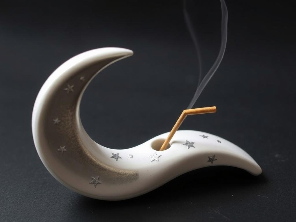 Finished clay crescent moon incense holder painted in silver with small star details Finished clay crescent moon incense holder painted in silver with small star details