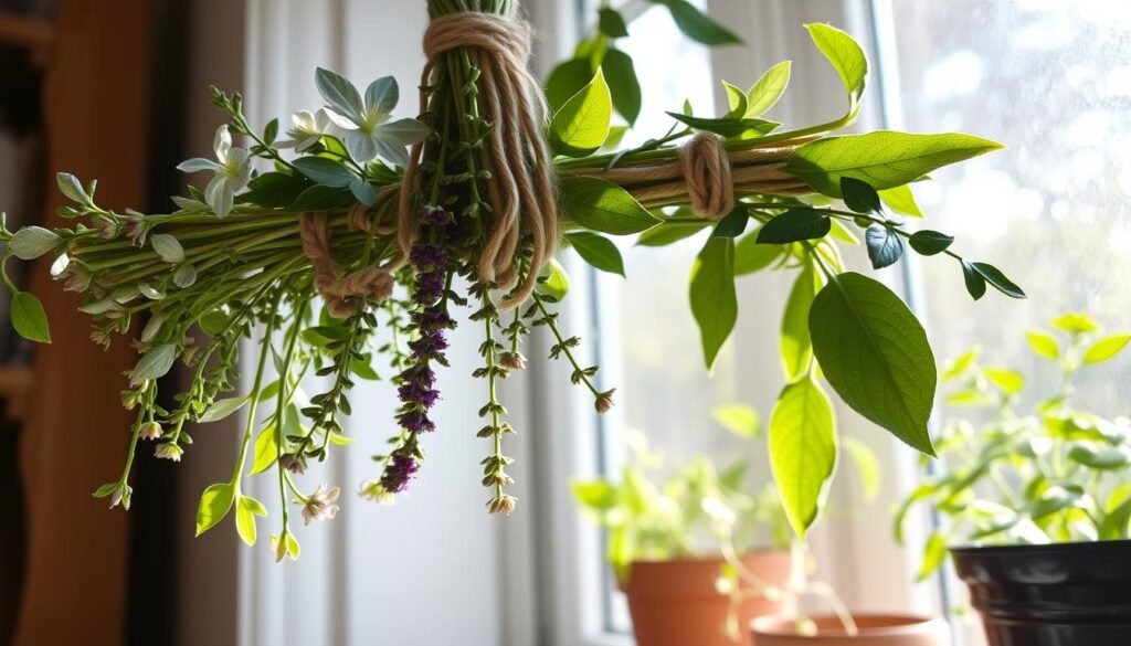 Fresh herb bundle with mugwort, thyme, and sage tied with natural string and hanging in a window Fresh herb bundle with mugwort, thyme, and sage tied with natural string and hanging in a window