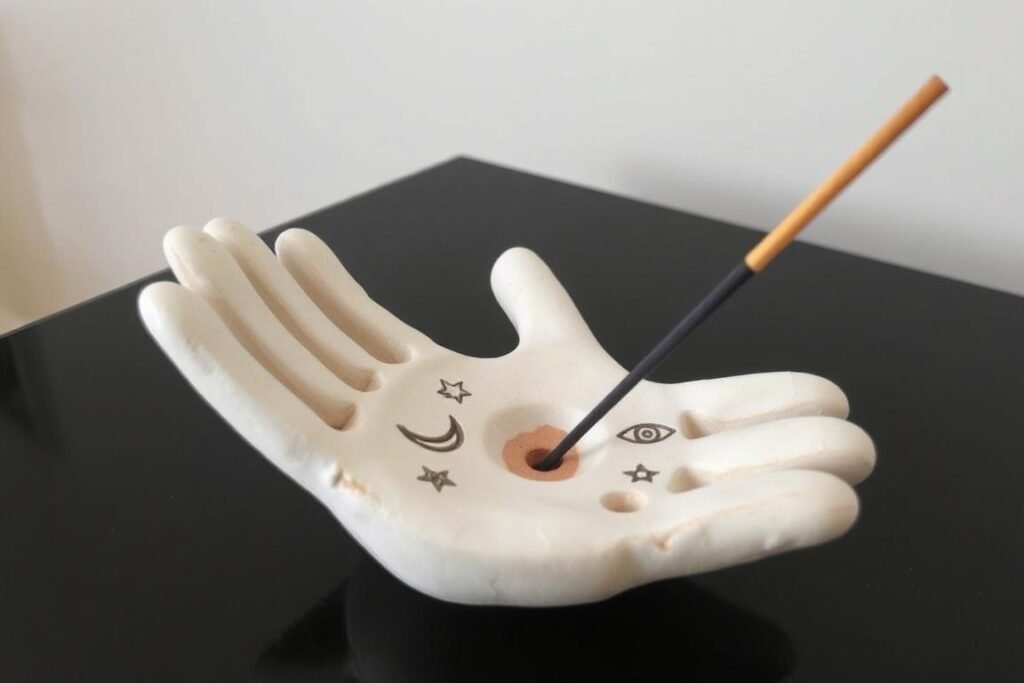 Hand-shaped clay incense holder with carved moon and star symbols Hand-shaped clay incense holder with carved moon and star symbols