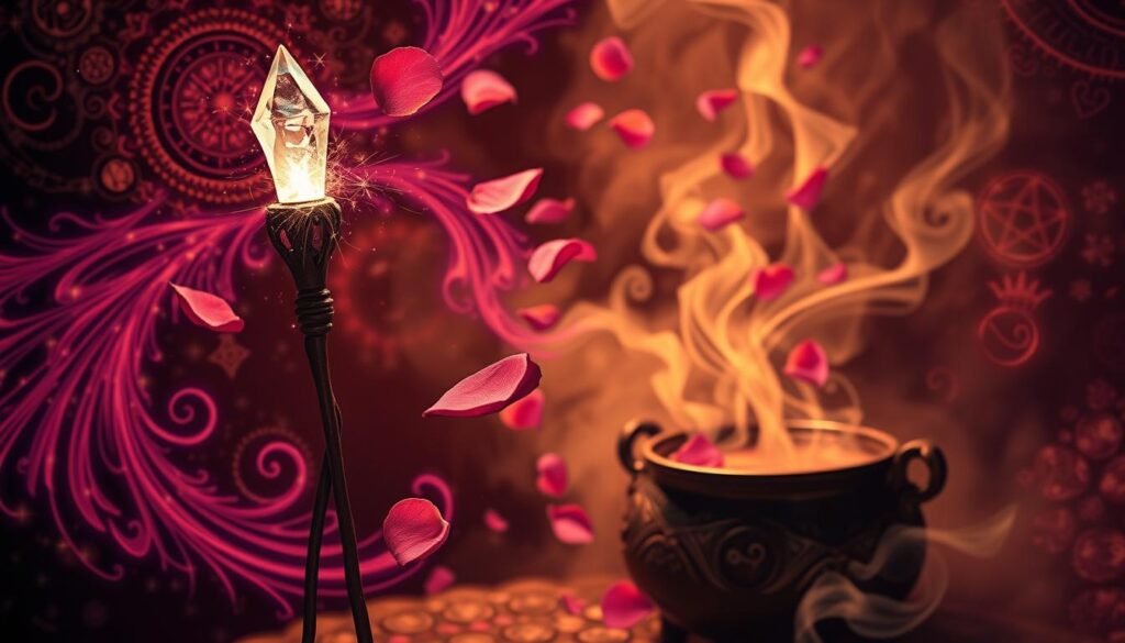 Intricate swirls of vibrant energy, a tapestry of mystical symbols and talismans. In the foreground, a crystal-topped wand hovers, radiating an otherworldly glow. Shimmering rose petals drift through the air, symbolizing the power of love. In the middle ground, a cauldron simmers with a fragrant potion, tendrils of steam curling upwards. The background is shrouded in a hazy, enchanted mist, hinting at the unseen forces at work. Soft, warm lighting casts a gentle, intimate atmosphere, as if captured through the lens of a vintage camera. This is the realm of love spells, where ancient wisdom and modern desire intertwine.