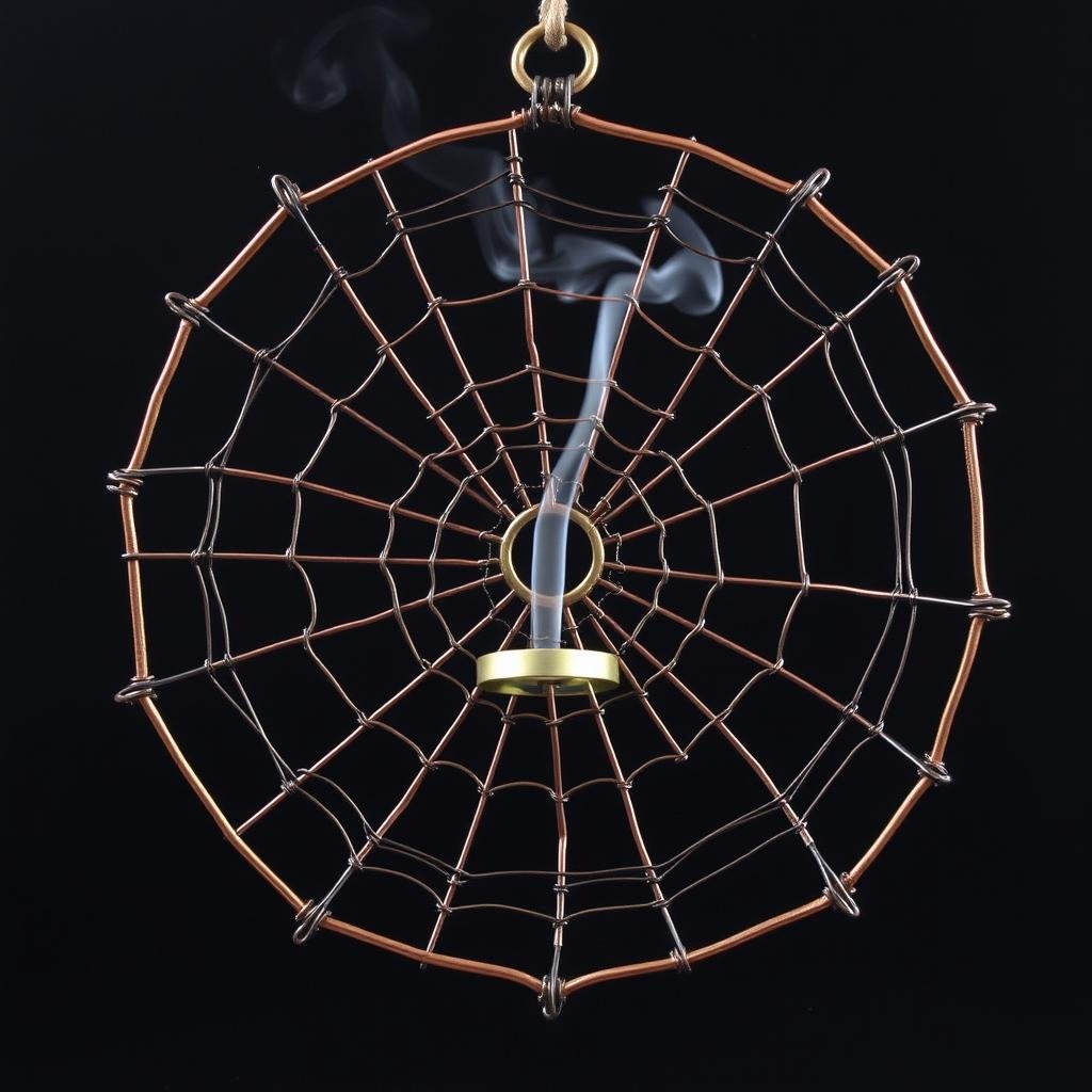 Intricate wire spiderweb design with a central ring for holding incense sticks Intricate wire spiderweb design with a central ring for holding incense sticks