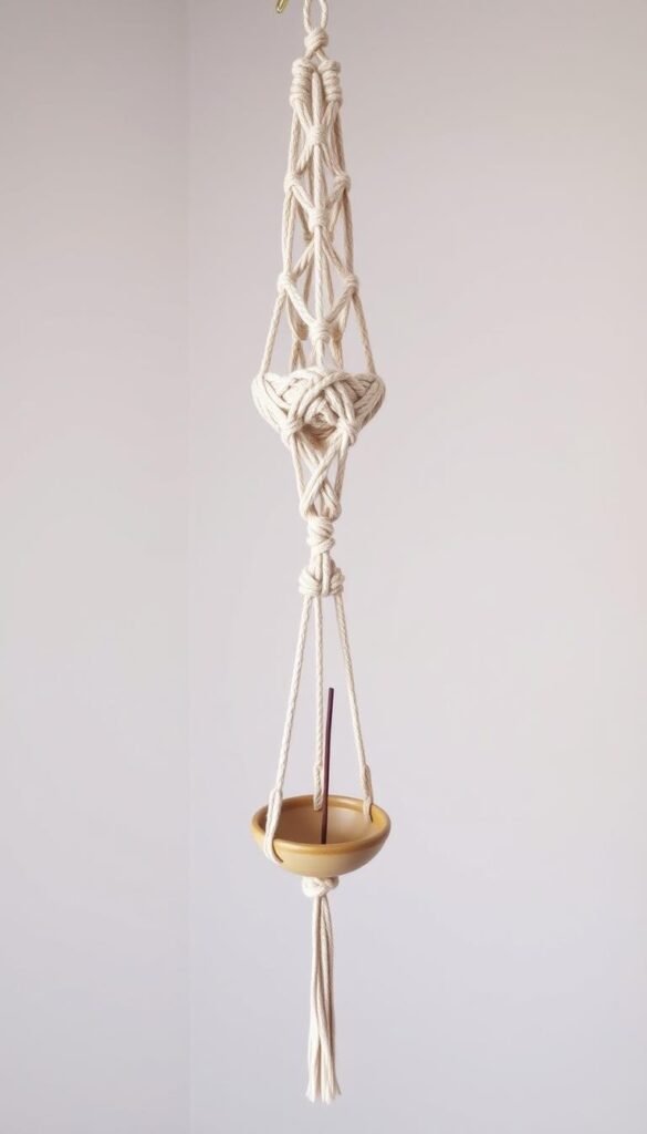 Macramé hanger with a small ceramic dish suspended by natural fiber cords Macramé hanger with a small ceramic dish suspended by natural fiber cords