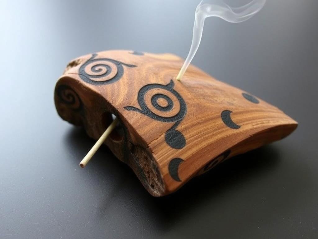 Reclaimed wood piece with burned designs and a hole for incense Reclaimed wood piece with burned designs and a hole for incense