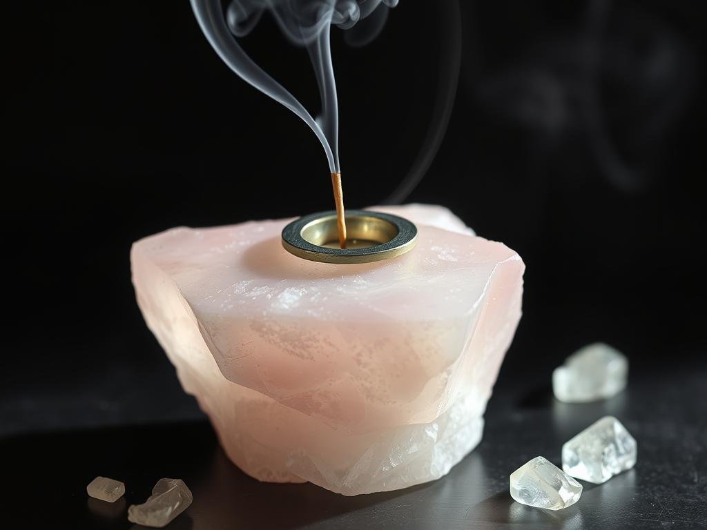 Rose quartz crystal with a small metal holder attached to hold incense sticks Rose quartz crystal with a small metal holder attached to hold incense sticks