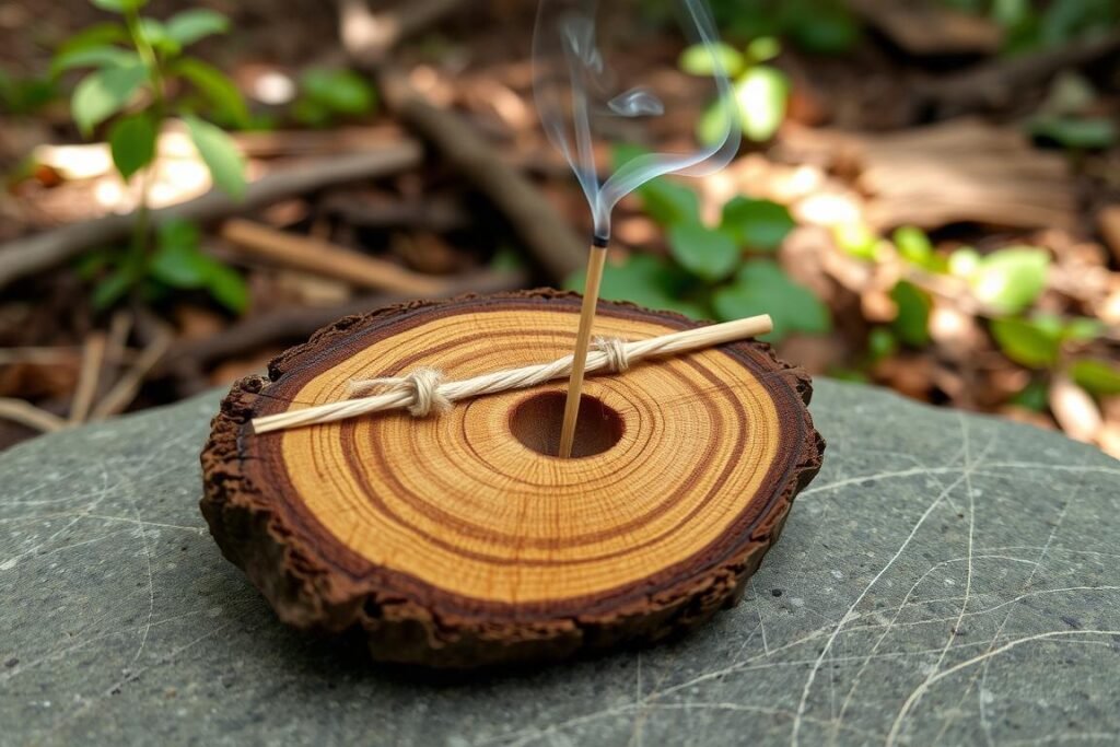 Rustic wood slice incense holder with drilled hole and hemp twine wrapping Rustic wood slice incense holder with drilled hole and hemp twine wrapping