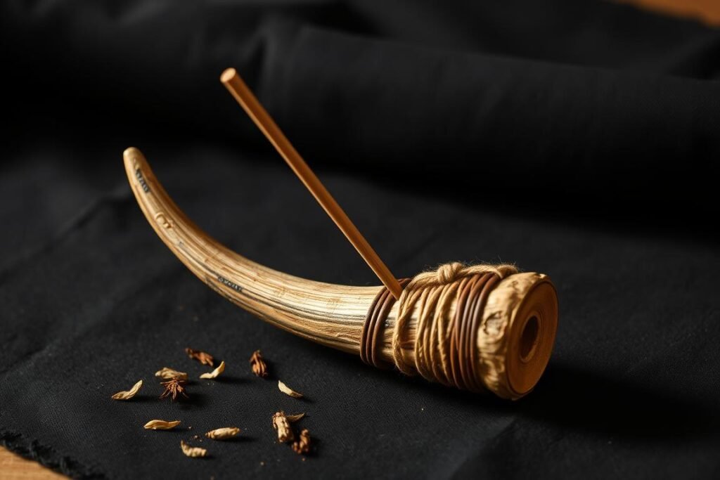 Small deer antler with drilled hole and leather wrapping serving as an incense holder Small deer antler with drilled hole and leather wrapping serving as an incense holder