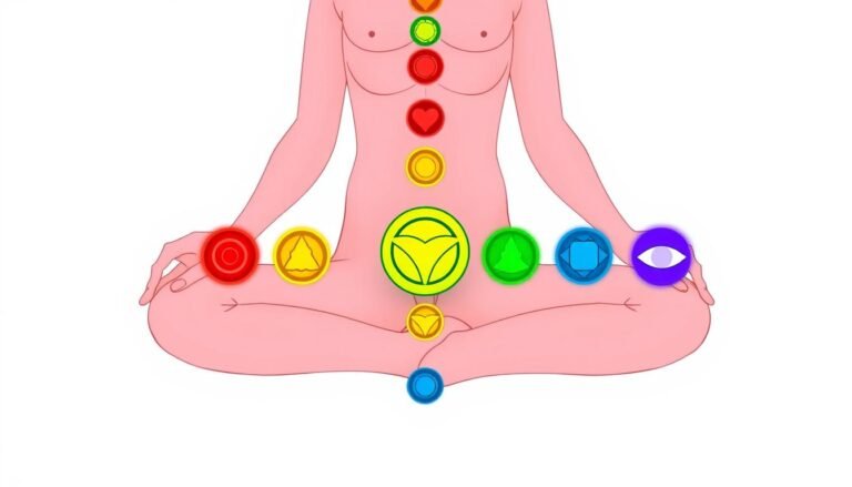 The seven chakras aligned along a human silhouette showing the energy centers from root to crown chakra