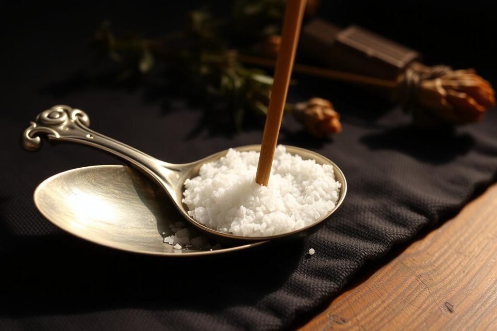 Vintage silver spoon repurposed as an incense holder with salt in the bowl Vintage silver spoon repurposed as an incense holder with salt in the bowl