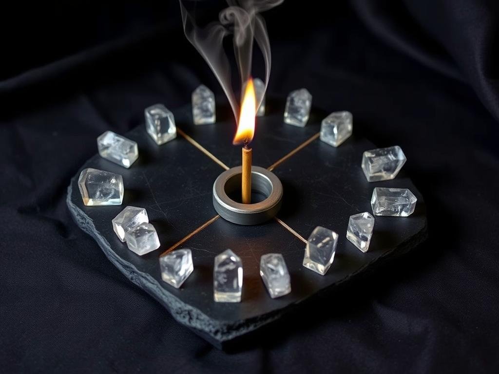 Wooden base with clear quartz points arranged in a sacred geometry pattern around a central incense hole Wooden base with clear quartz points arranged in a sacred geometry pattern around a central incense hole