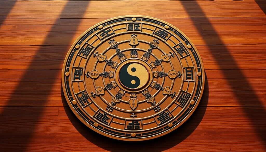 a detailed, highly realistic digital illustration of a bagua map, a traditional feng shui symbol representing the eight fundamental principles of the universe. the map is positioned on a wooden altar surface, with a warm, soft lighting casting natural shadows. the map is rendered with precise, intricate details, including the eight trigrams, yin-yang symbol, and five elements. the overall composition conveys a sense of balance, harmony, and spiritual significance, suitable for use in an article about feng shui and sacred geometry.