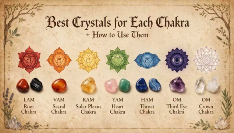 Best crystals for each chakra and how to use them horizontal guide with 7 chakra symbols from root to crown, seed mantras and corresponding healing stones, vintage parchment spiritual infographic