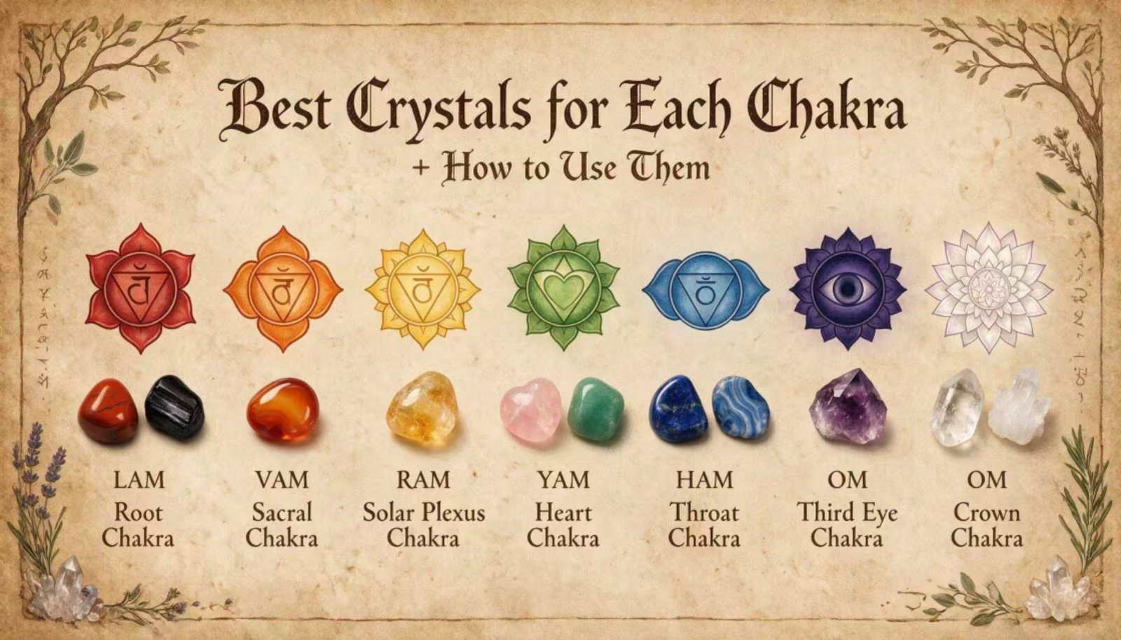 Best crystals for each chakra and how to use them horizontal guide with 7 chakra symbols from root to crown, seed mantras and corresponding healing stones, vintage parchment spiritual infographic