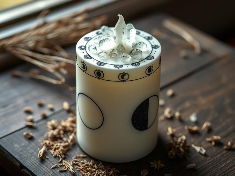 White candle decorated with moon phases and embedded with small crystals