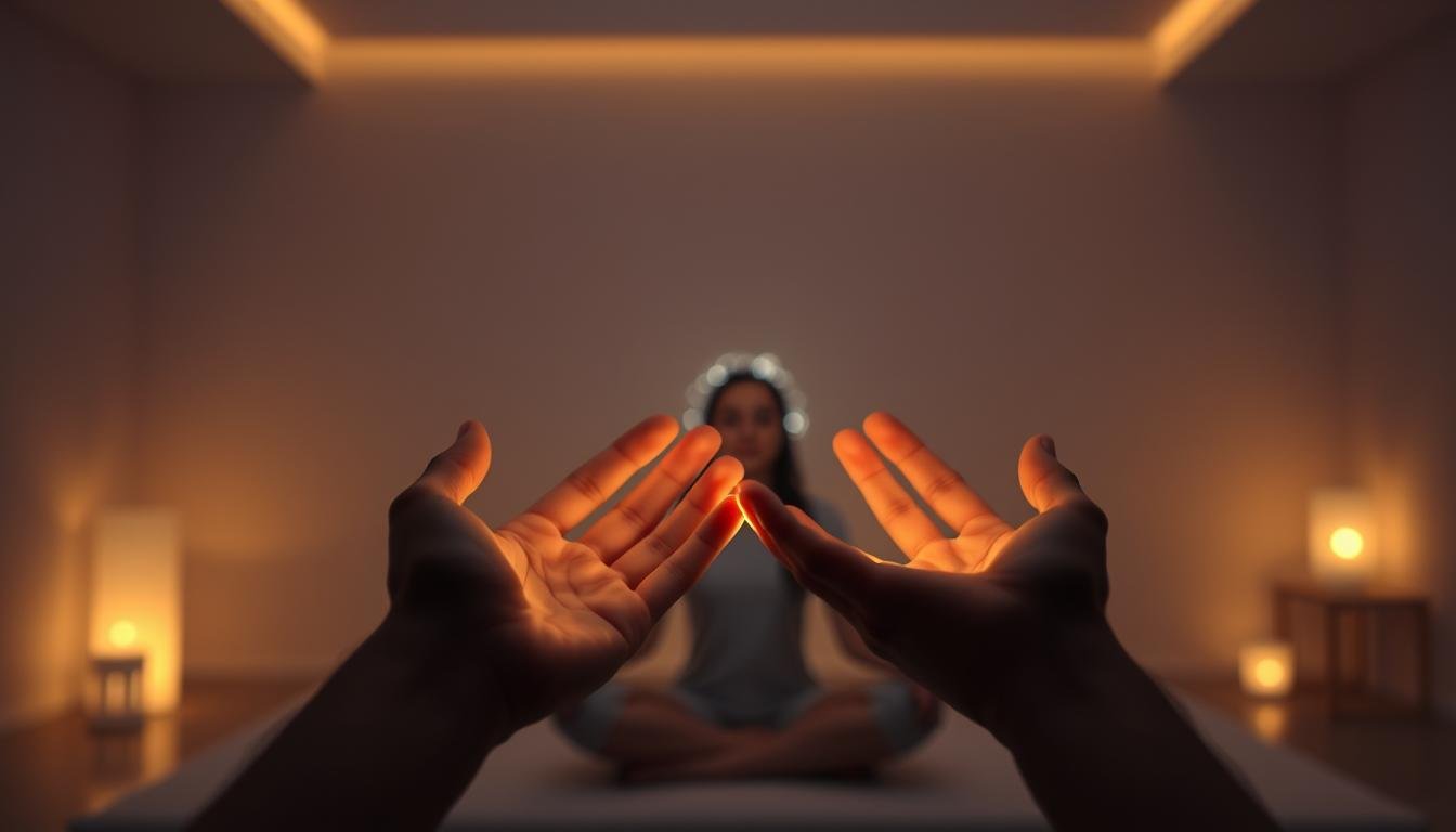 Distance energy healing session with glowing hands and cosmic connection