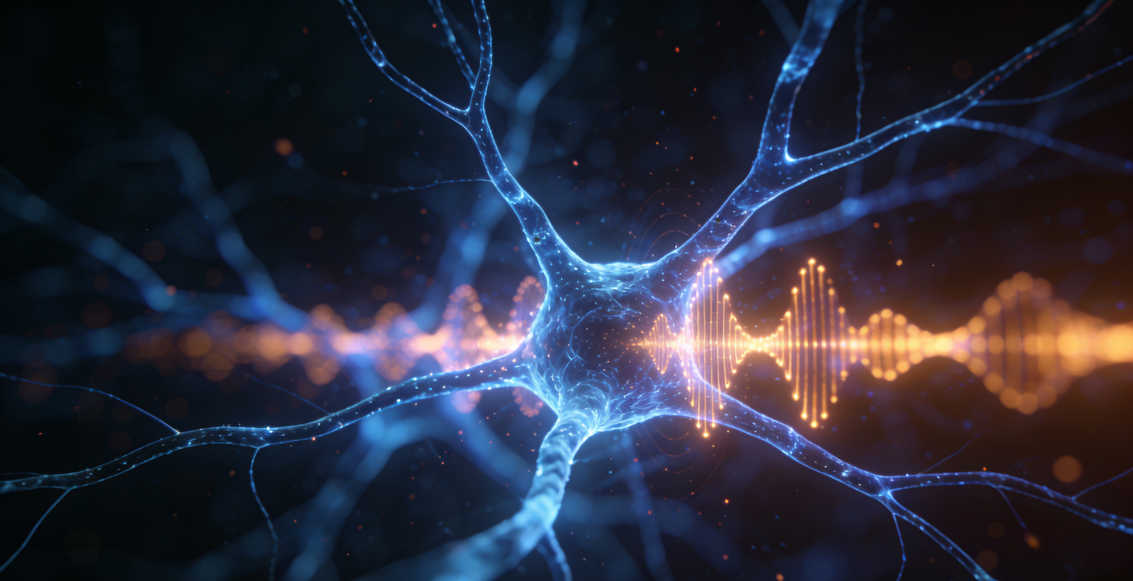 Illustration of sound waves interacting with a network of brain neurons and pain pathways
