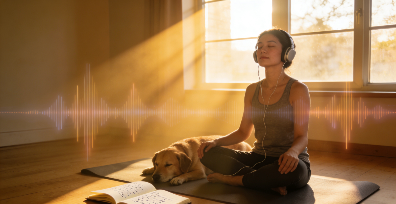Woman meditating with her dog at home while listening to calming sound frequencies