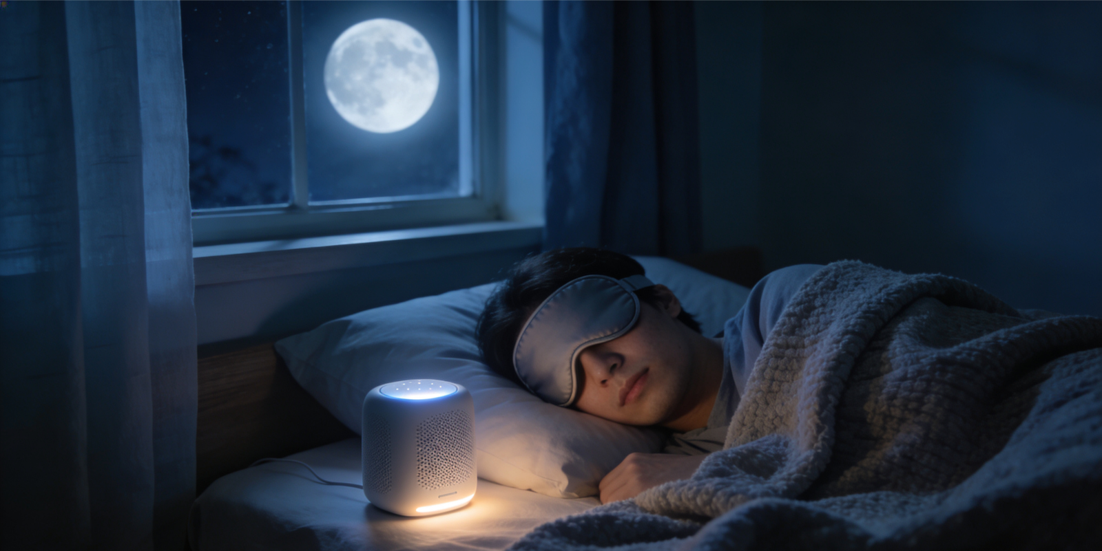 Person resting in bed at night with a sleep mask and a small glowing sound device, using sound therapy for relaxation