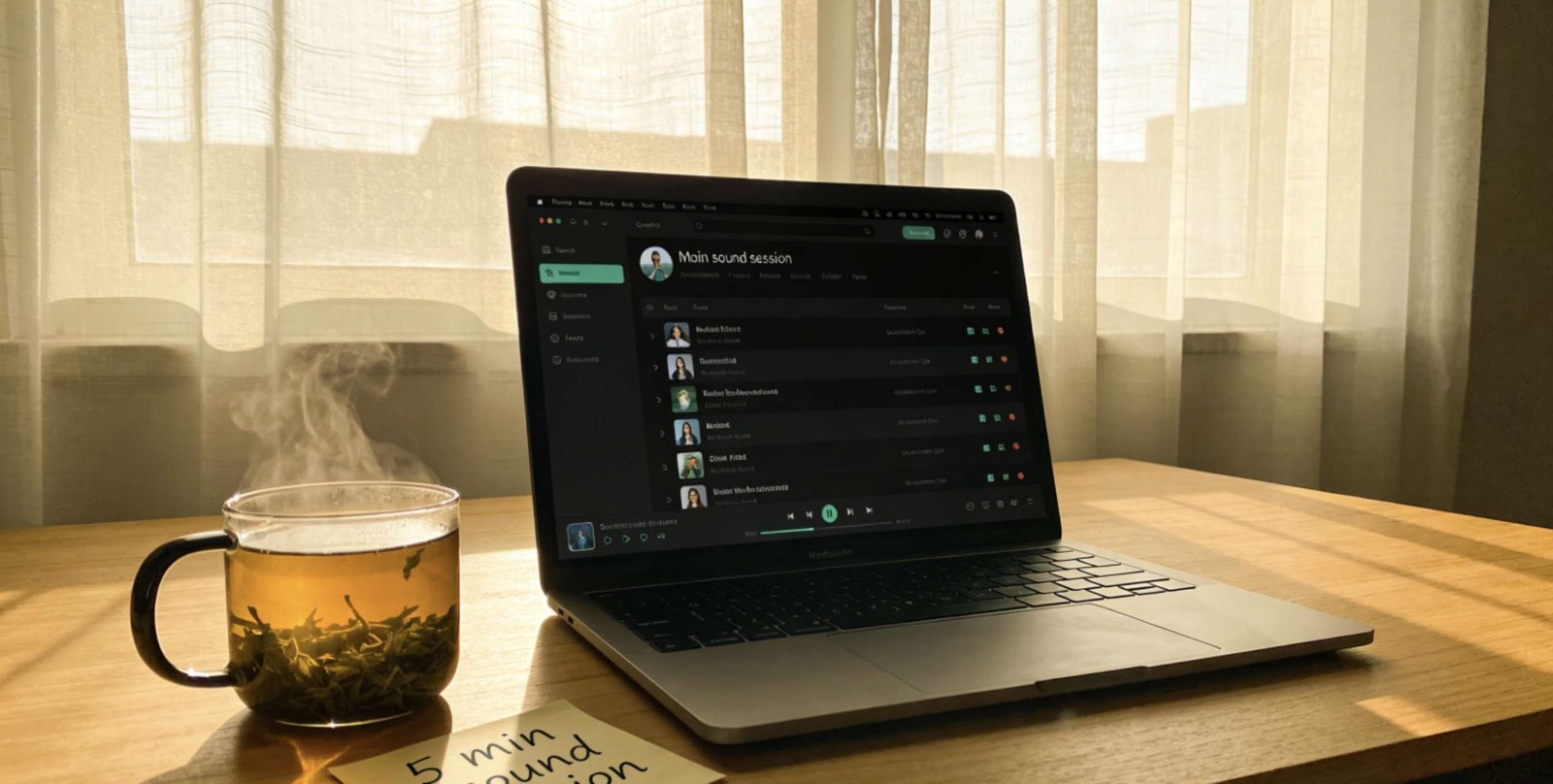 Laptop playing a low-frequency sound therapy session next to a cup of tea on a desk