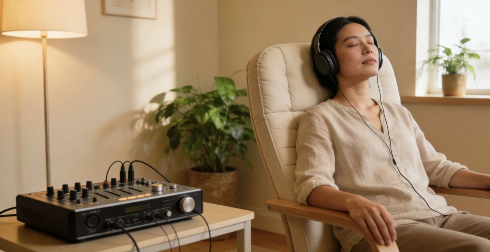 Person wearing headphones in a therapy chair beside a low-frequency sound therapy device