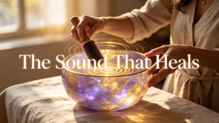 Woman's hands gently striking an Aqua Aura Gold alchemy crystal singing bowl with a suede mallet, soft golden light radiating outward, sound healing meditation practice
