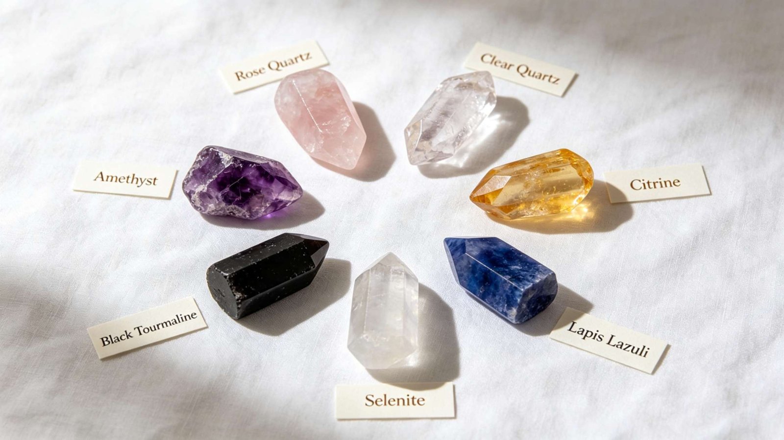 Seven common healing crystals labeled by name, including rose quartz, clear quartz, amethyst, citrine, black tourmaline and selenite