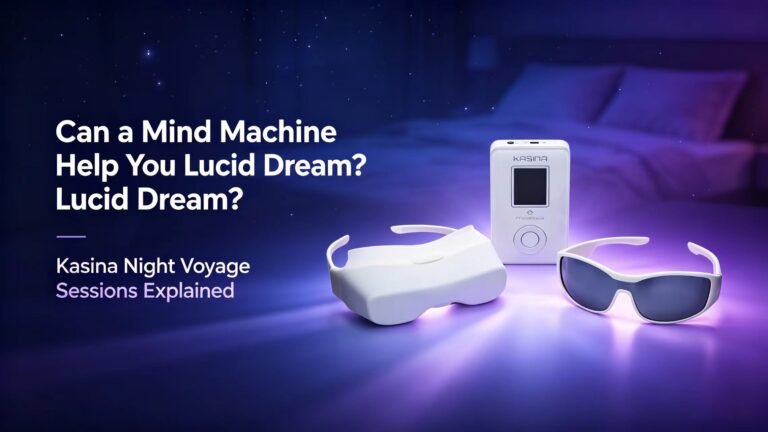 MindPlace Kasina AVS mind machine for lucid dreaming with dream‑themed purple‑blue ambient lighting.