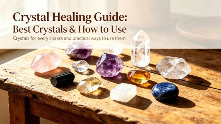 Crystal healing guide featured image, assorted healing crystals on rustic wooden table by sunlit window, spiritual wellness blog cover