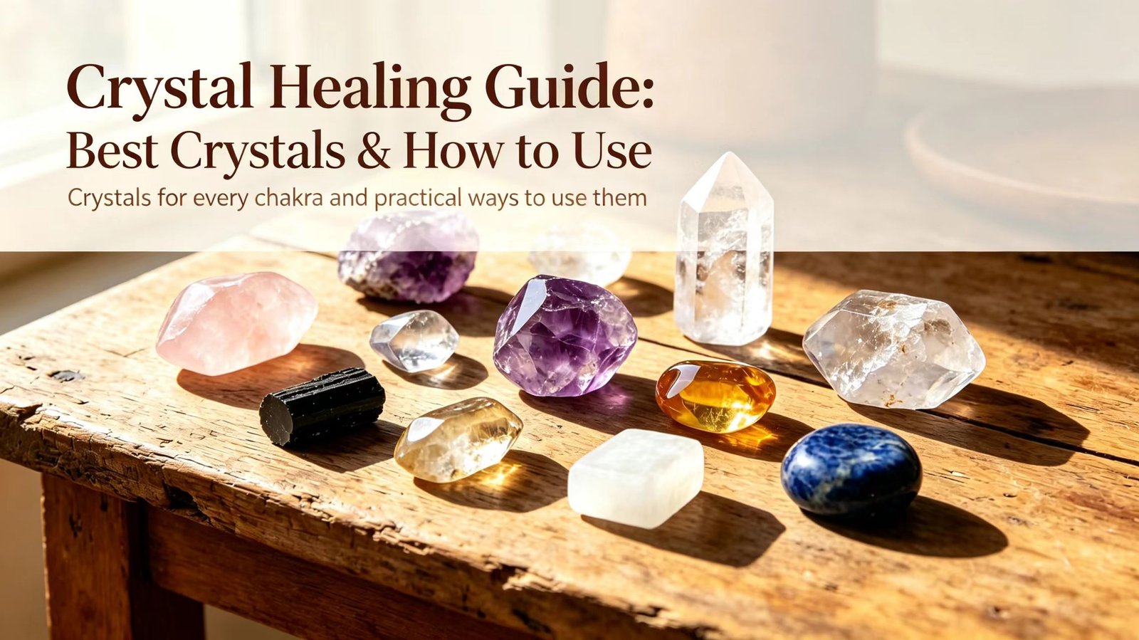 Collection of healing crystals including amethyst, rose quartz, black tourmaline and lapis lazuli on a wooden table