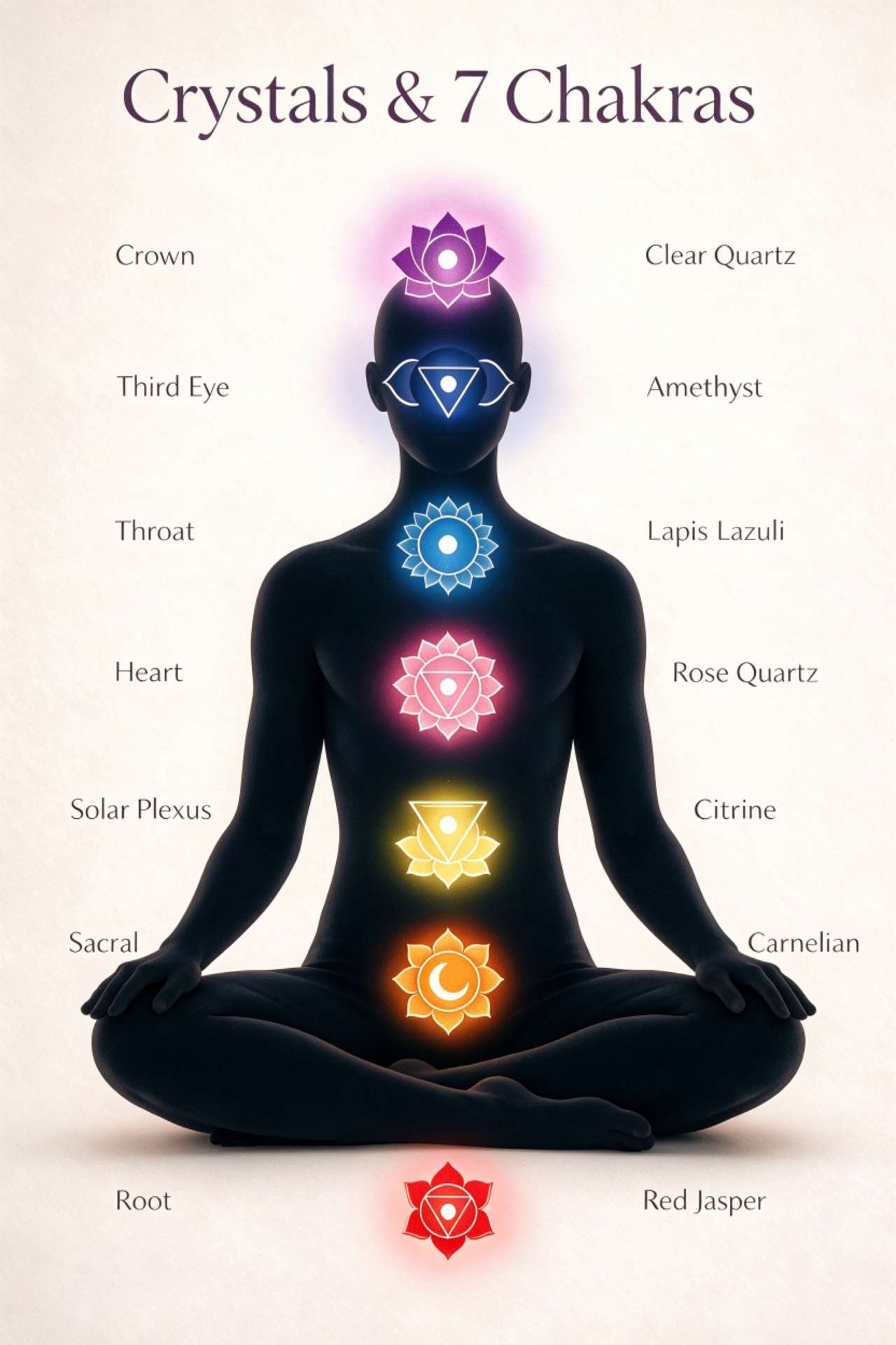 Diagram mapping crystals to the seven chakras, from the root to the crown