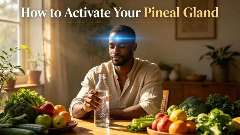 African‑American adult man with glowing blue third‑eye on forehead, holding glass spring‑water bottle among organic fruits and vegetables, warm morning sunlight for pineal gland activation blog featured image