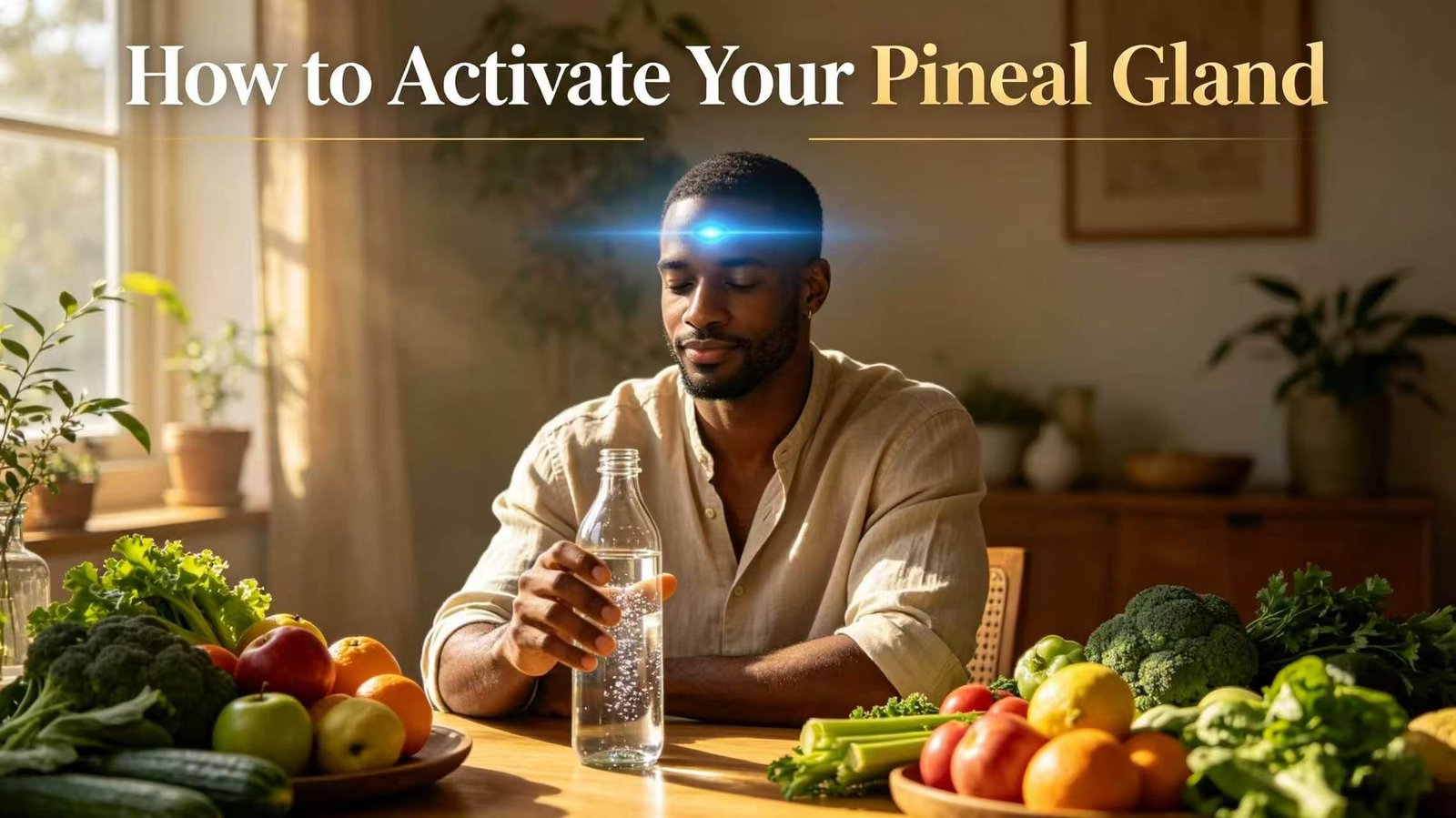 African‑American adult man with glowing blue third‑eye on forehead, holding glass spring‑water bottle among organic fruits and vegetables, warm morning sunlight for pineal gland activation blog featured image