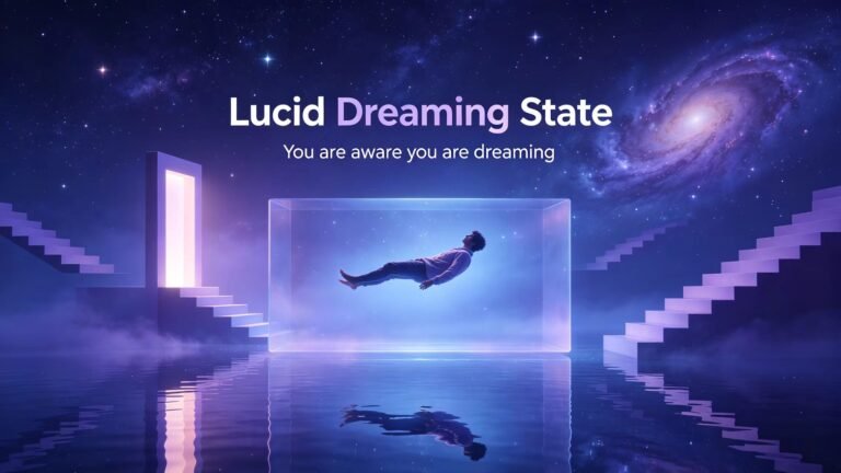 how to lucid dream naturally~Surreal blue-purple lucid dreaming illustration showing a person floating inside a dream space with glowing doorways.