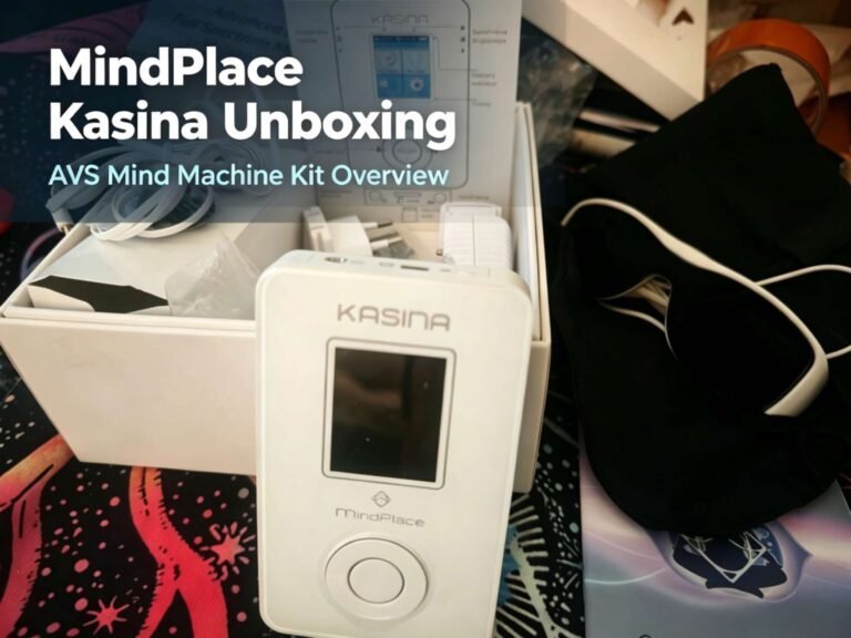 MindPlace Kasina main unit, goggles, earphones, charger, manual and original packaging full unboxing shot