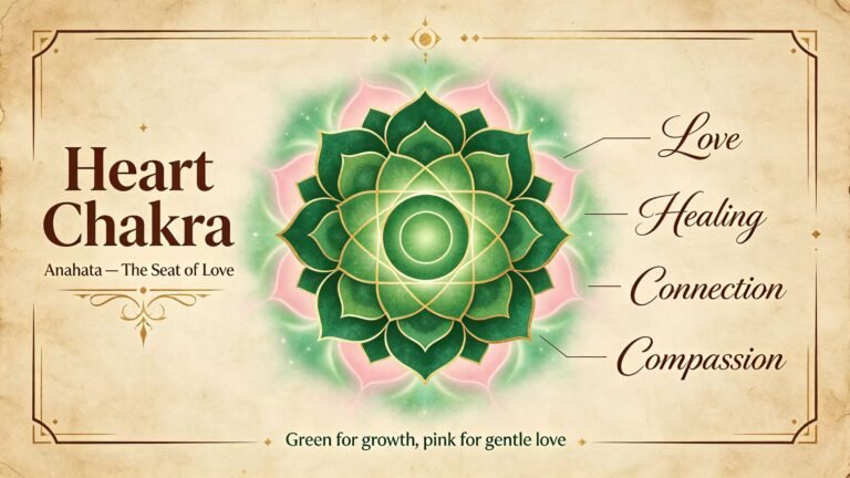 Heart chakra Anahata guide with glowing green energy at center of chest, how to unblock heart chakra with love and compassion