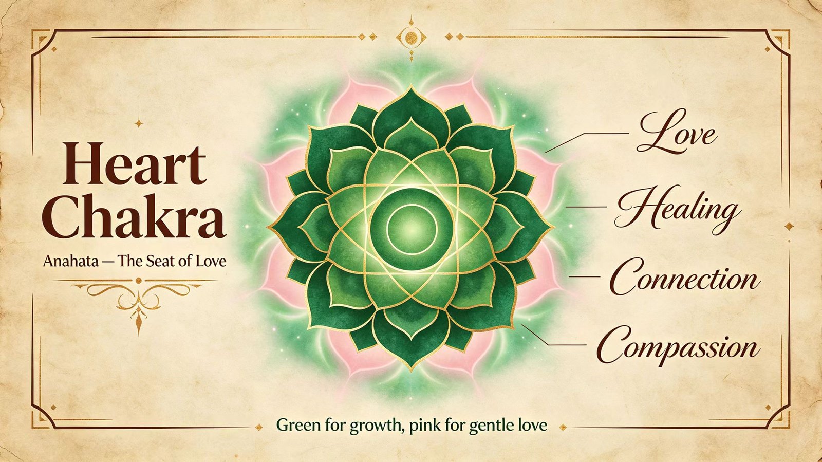 Heart chakra Anahata guide with glowing green energy at center of chest, how to unblock heart chakra with love and compassion
