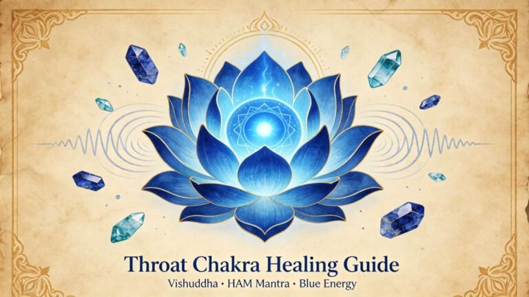 Throat chakra Vishuddha guide with glowing blue energy at base of throat, how to unblock throat chakra with authentic communication and self-expression