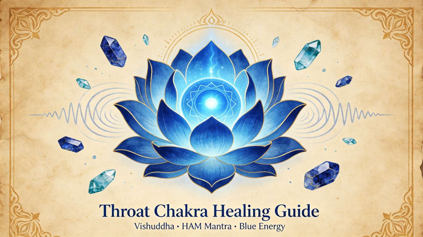 Throat chakra Vishuddha guide with glowing blue energy at base of throat, how to unblock throat chakra with authentic communication and self-expression