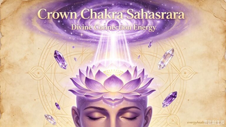 Crown chakra Sahasrara guide with glowing violet-white energy at top of head, how to open crown chakra with spiritual connection and divine wisdom