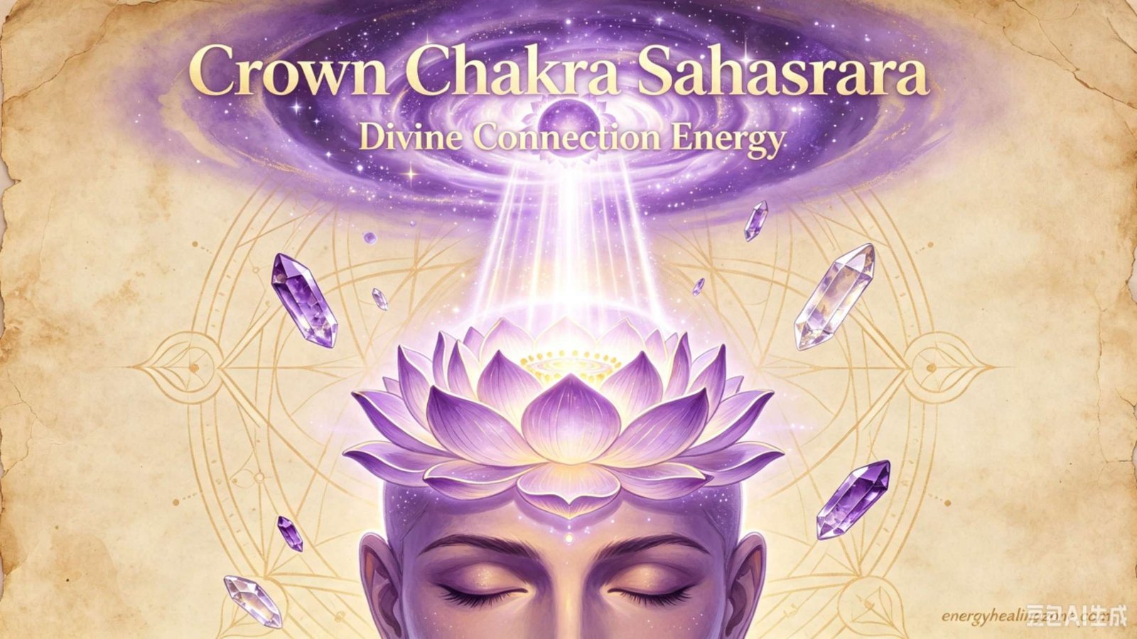 Crown chakra Sahasrara guide with glowing violet-white energy at top of head, how to open crown chakra with spiritual connection and divine wisdom