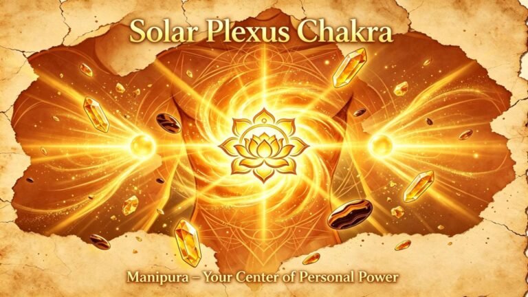 Solar plexus chakra Manipura guide with glowing yellow energy at upper abdomen, how to unblock solar plexus chakra for confidence and personal power
